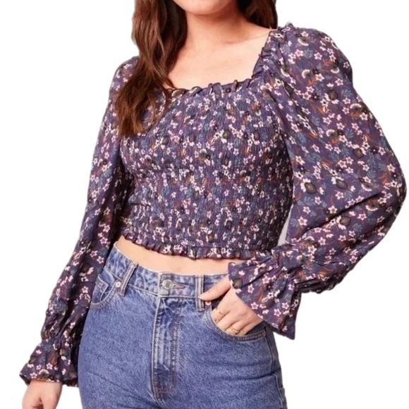 NWT BAND OF THE FREE Cropped Purple Floral Smocked Long Sleeve Blouse Sz XS - Picture 3 of 12